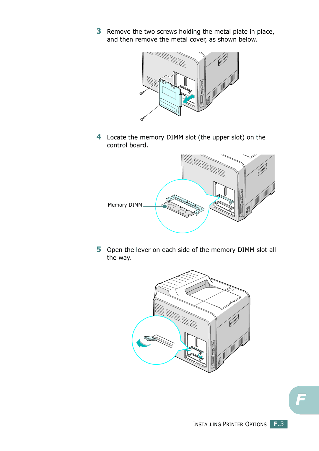 Samsung CLP-550N setup guide Installing Printer Options F.3 