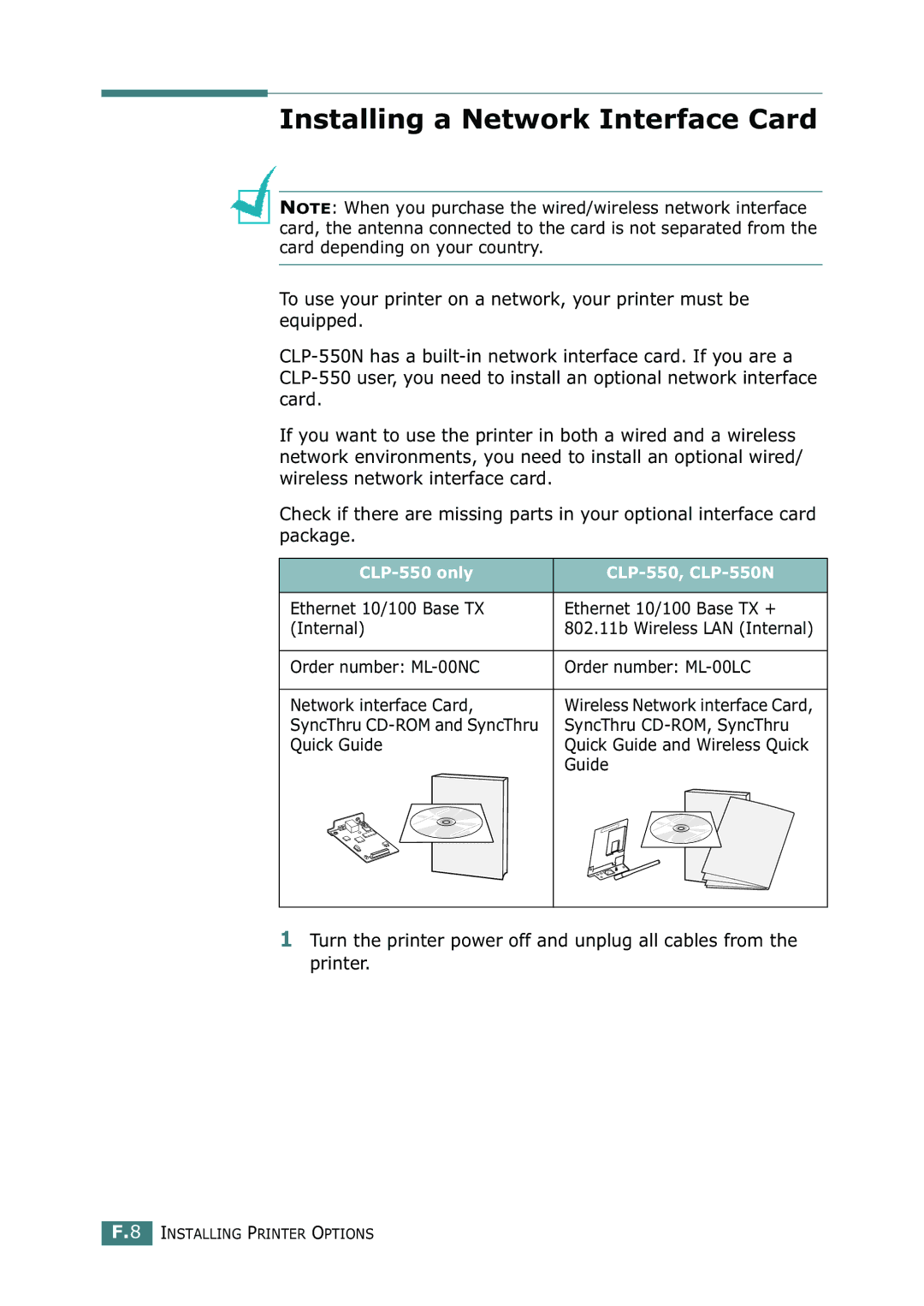 Samsung CLP-550N Installing a Network Interface Card, Ethernet 10/100 Base TX Ethernet 10/100 Base TX + Internal, Guide 