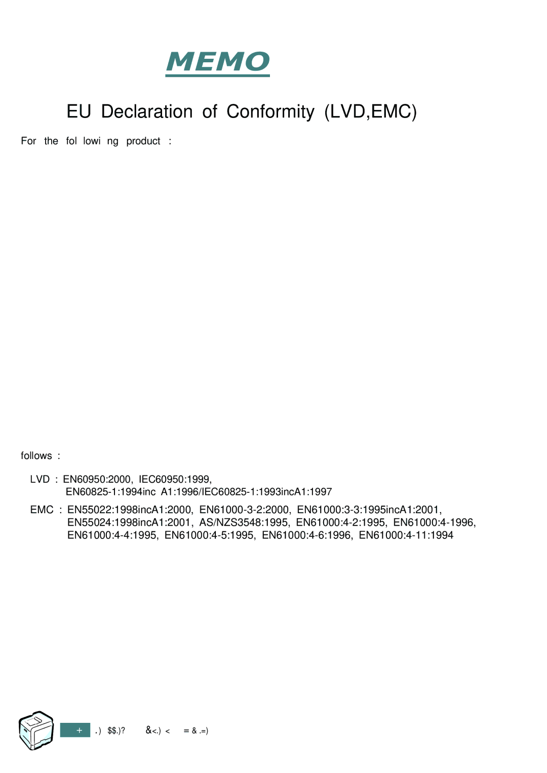 Samsung CLP-550N setup guide EU Declaration of Conformity LVD,EMC, Follows 