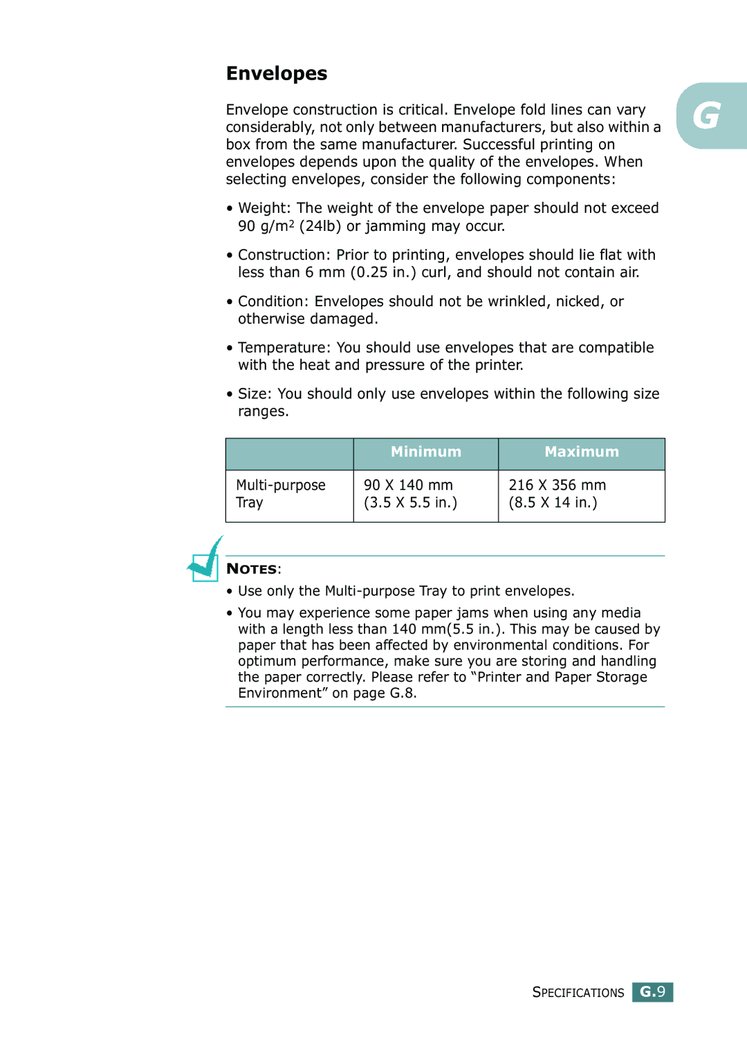 Samsung CLP-550N setup guide Envelopes, Minimum Maximum 