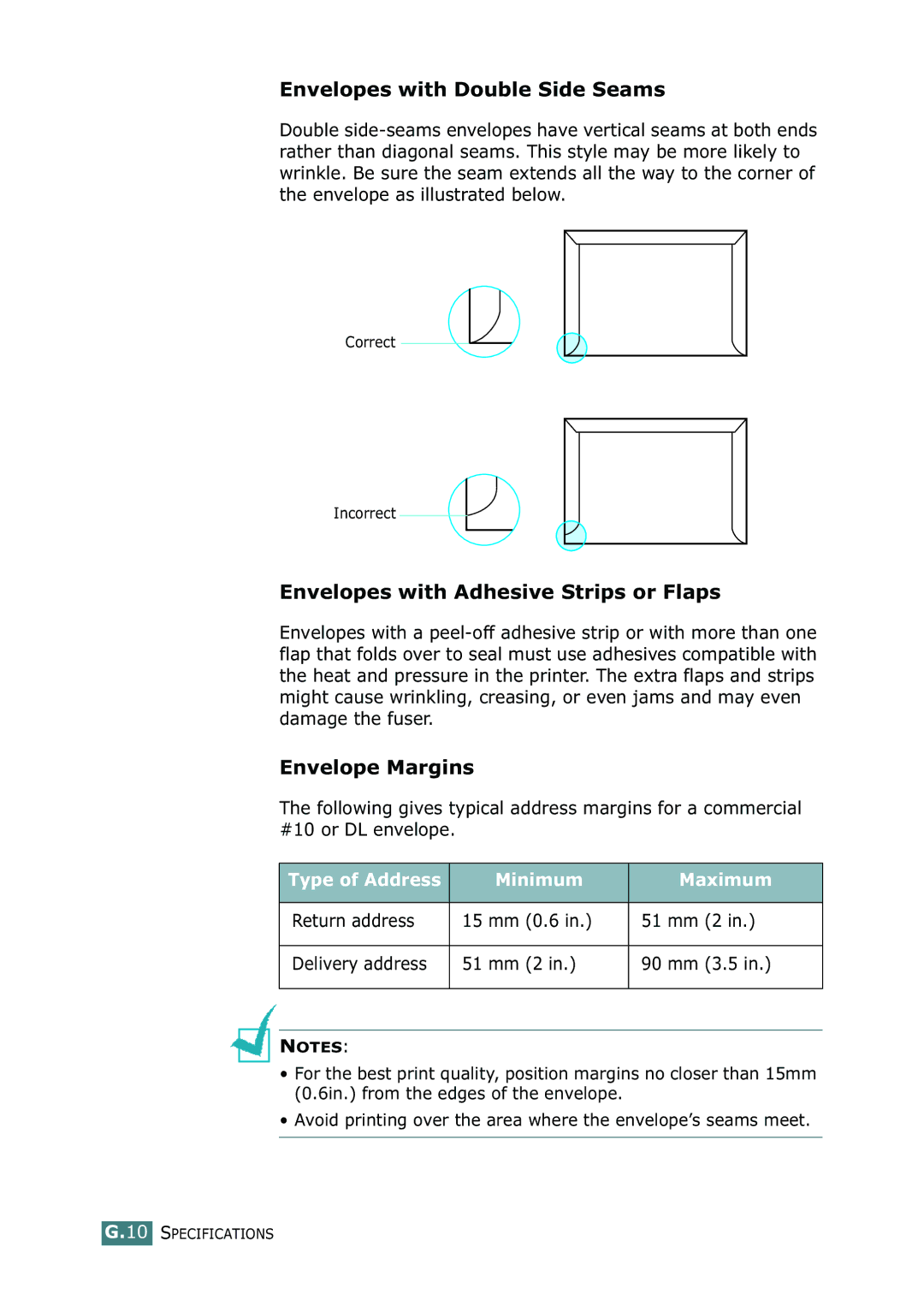 Samsung CLP-550N setup guide Envelopes with Double Side Seams, Envelopes with Adhesive Strips or Flaps, Envelope Margins 