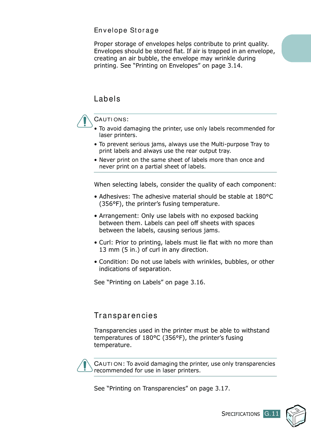 Samsung CLP-550N setup guide Labels, Transparencies, Envelope Storage 