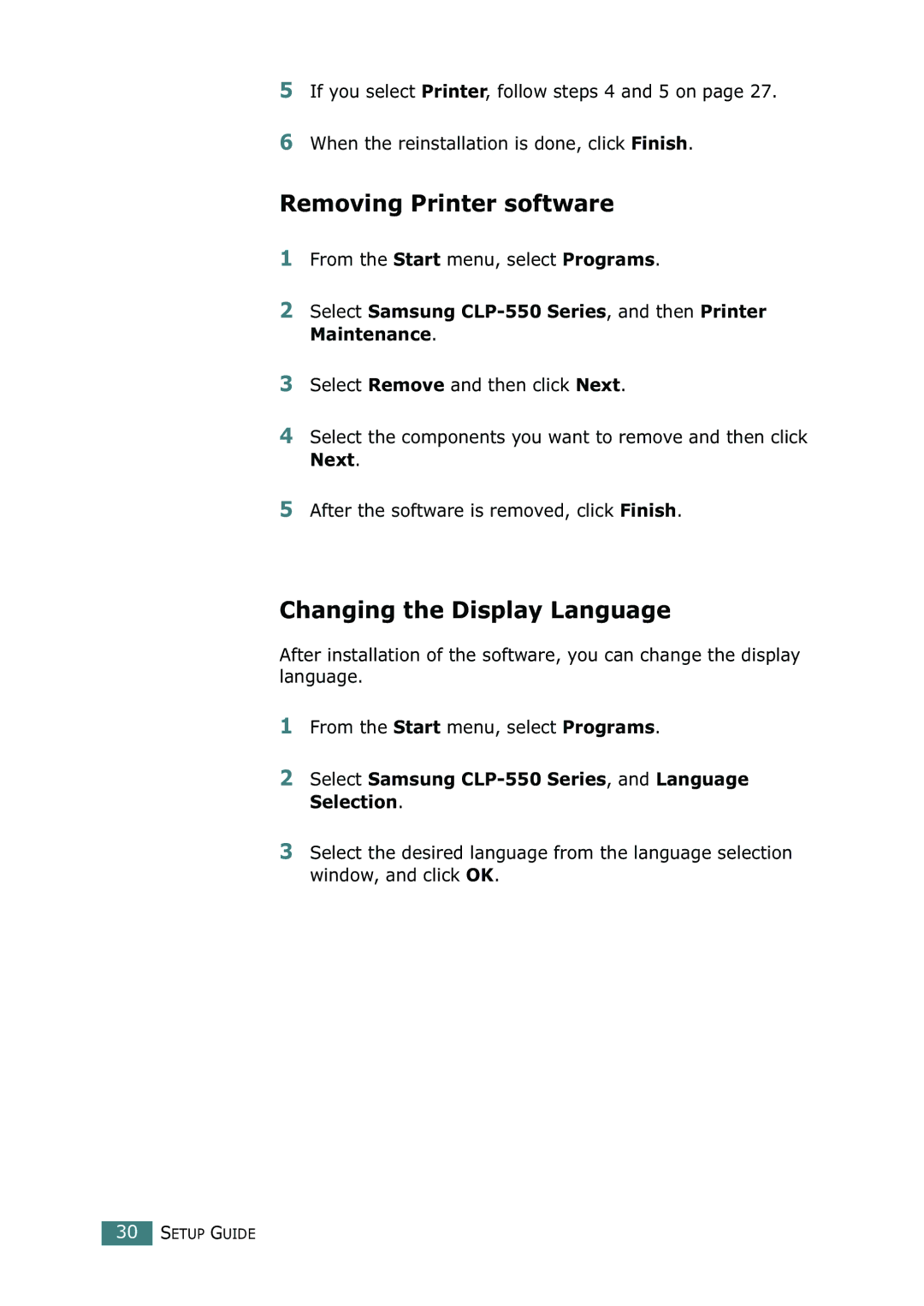 Samsung CLP-550N setup guide Removing Printer software, Changing the Display Language 