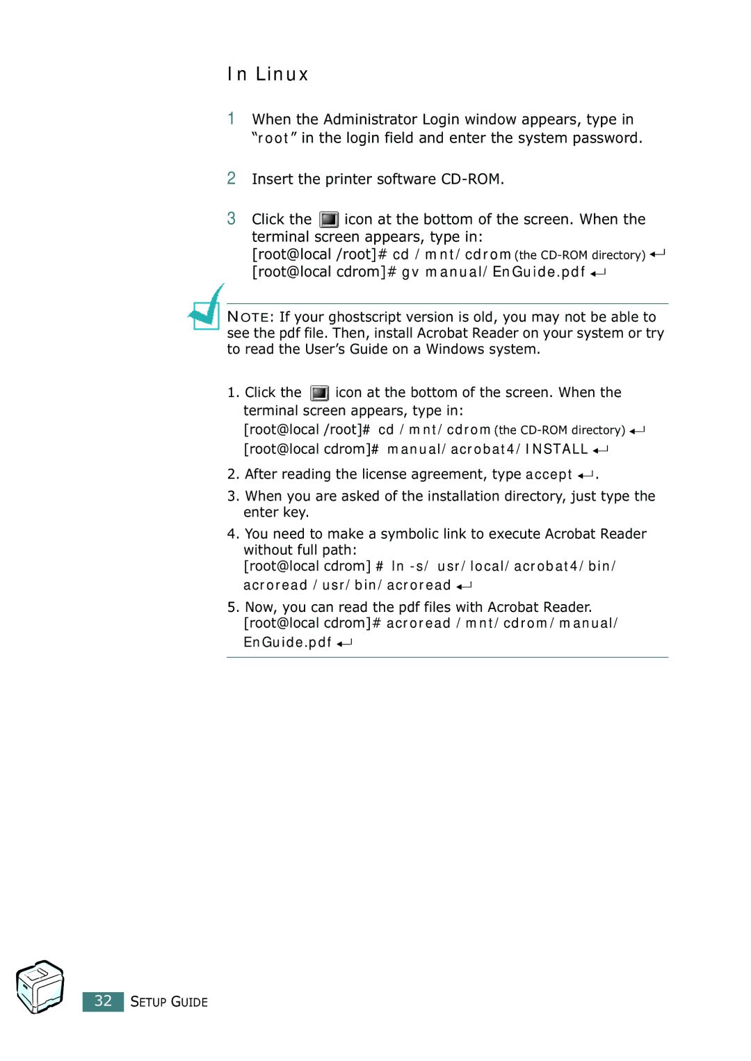 Samsung CLP-550N setup guide Linux, Root@local cdrom# manual/acrobat4/INSTALL 