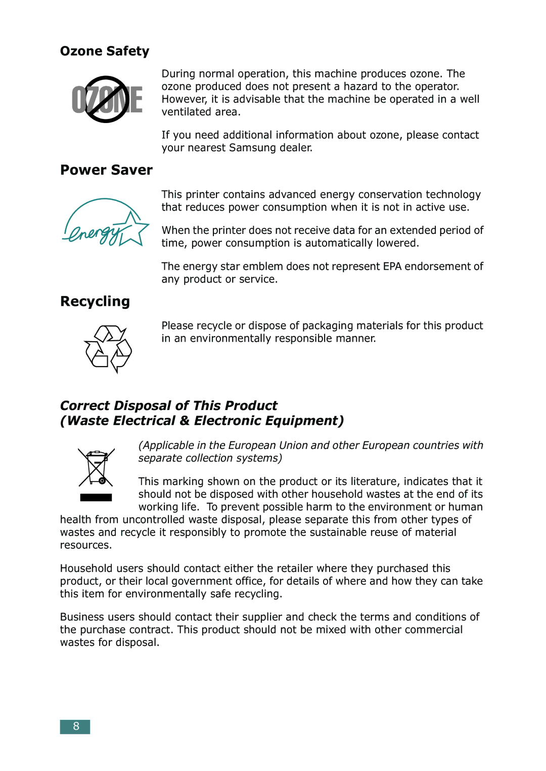 Samsung CLP-550N setup guide Power Saver, Recycling 