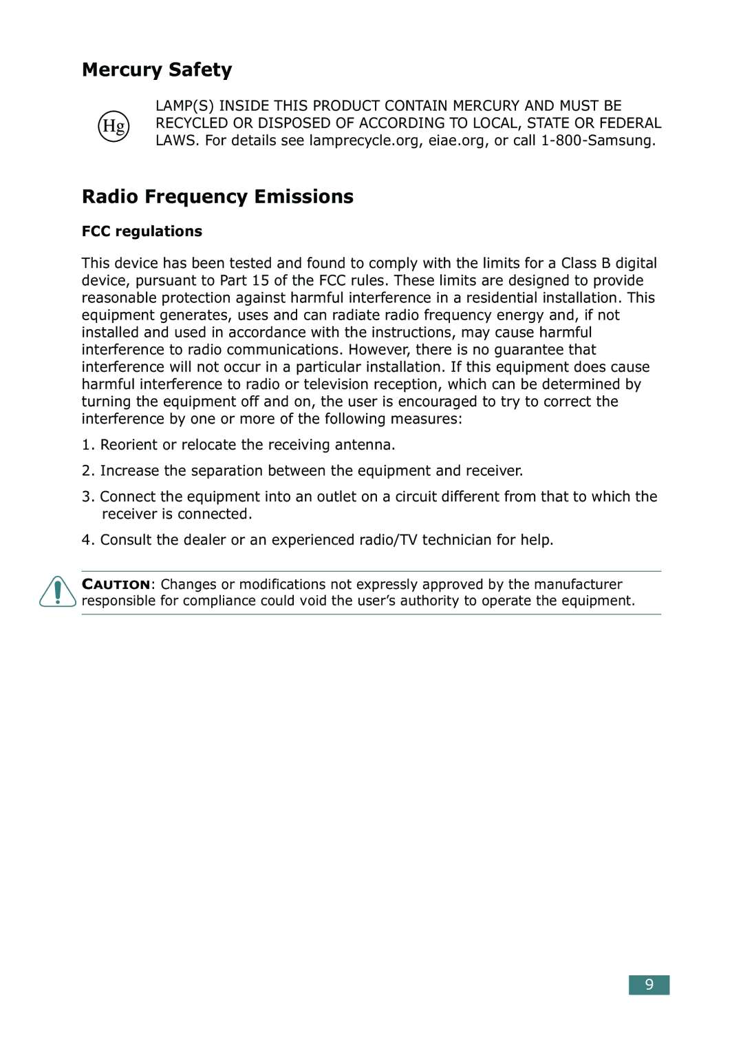 Samsung CLP-550N setup guide Mercury Safety, Radio Frequency Emissions, FCC regulations 