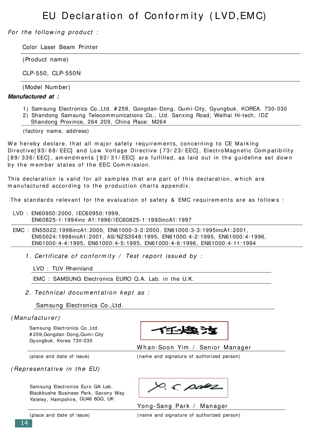 Samsung CLP-550N setup guide Whan-Soon Yim / Senior Manager, Yong-Sang Park / Manager 