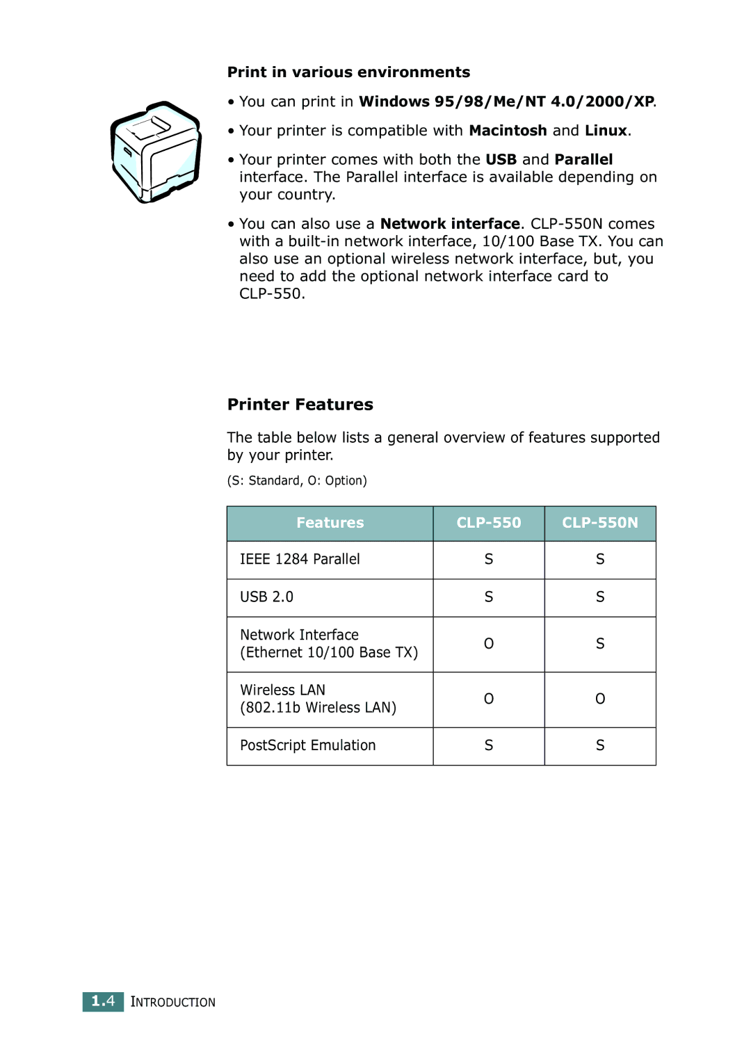 Samsung setup guide Printer Features, Features CLP-550 CLP-550N, Ieee 1284 Parallel USB Network Interface 