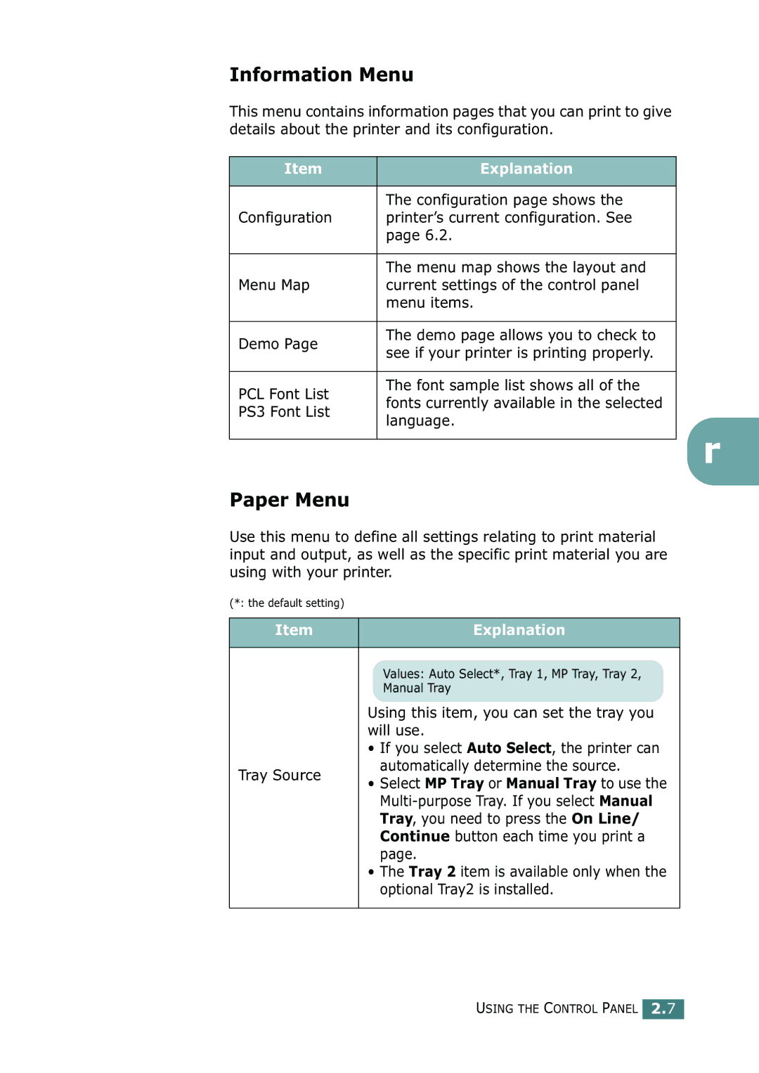 Samsung CLP-550N setup guide Information Menu, Paper Menu, Explanation 