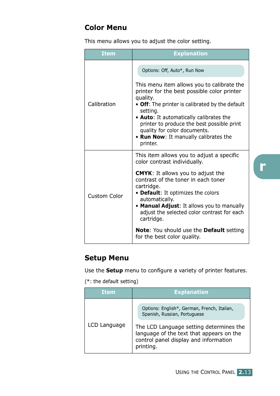 Samsung CLP-550N setup guide Color Menu, Setup Menu 