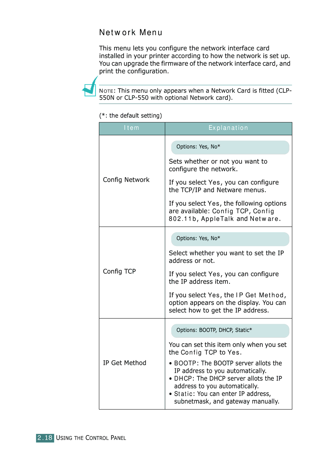 Samsung CLP-550N setup guide Network Menu, 802.11b, AppleTalk and Netware, Config TCP to Yes 