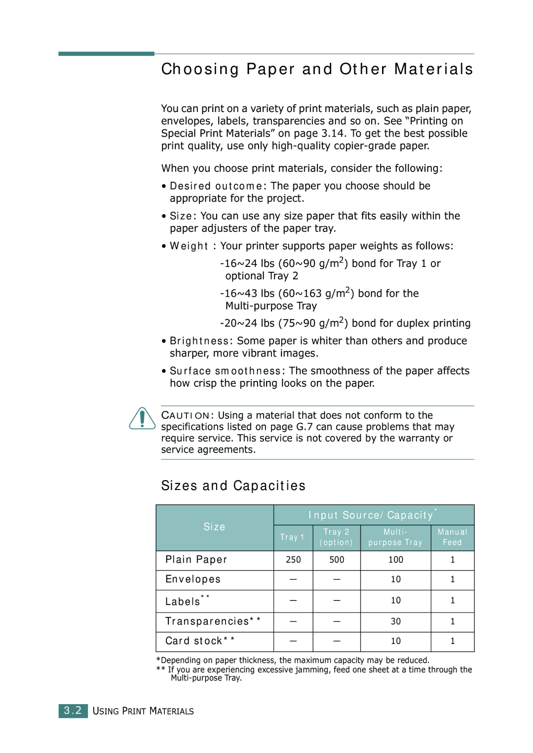 Samsung CLP-550N Choosing Paper and Other Materials, Sizes and Capacities, Size Input Source/Capacity, Plain Paper 