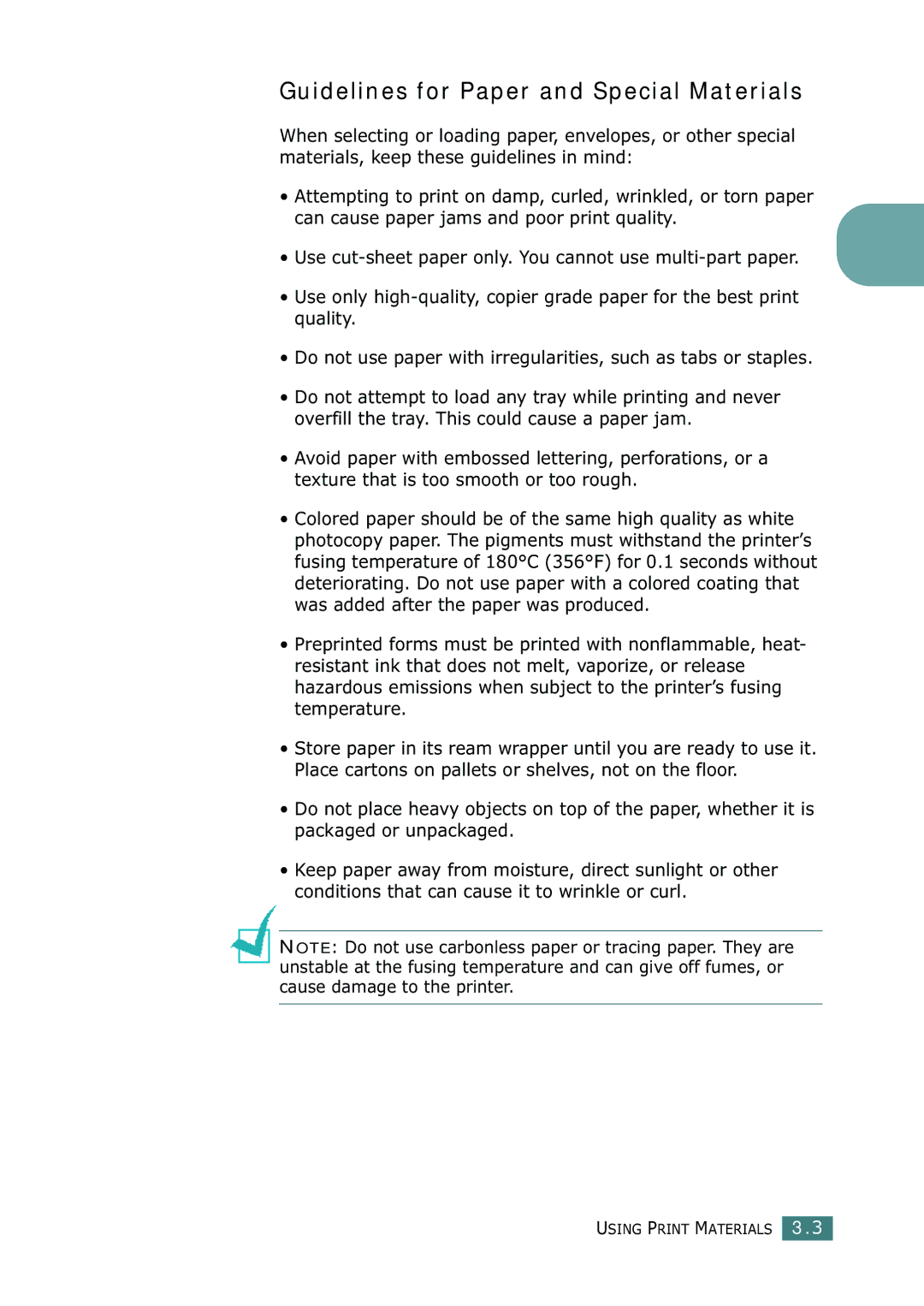 Samsung CLP-550N setup guide Guidelines for Paper and Special Materials 