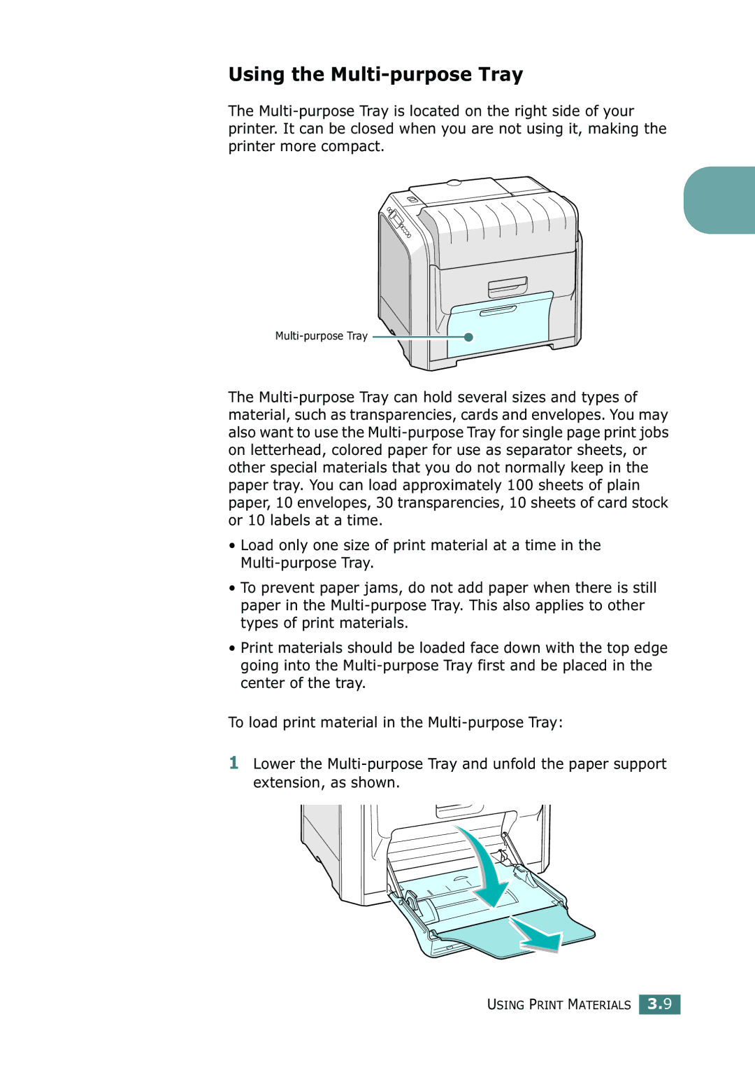 Samsung CLP-550N setup guide Using the Multi-purpose Tray 