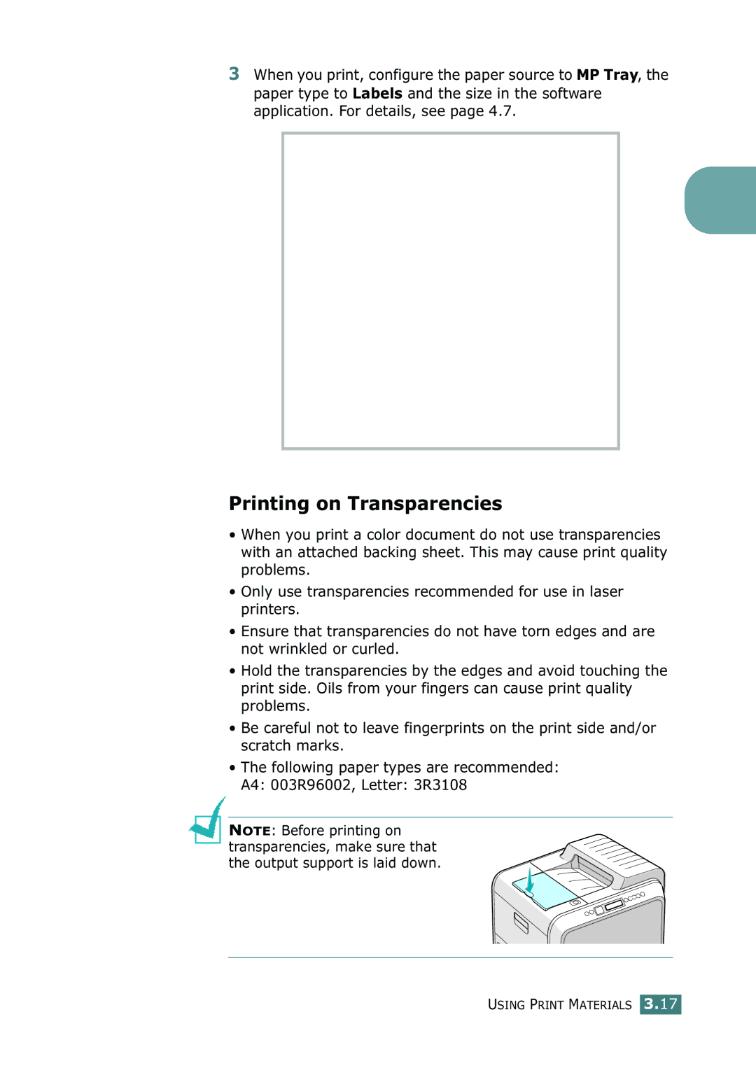 Samsung CLP-550N setup guide Printing on Transparencies 