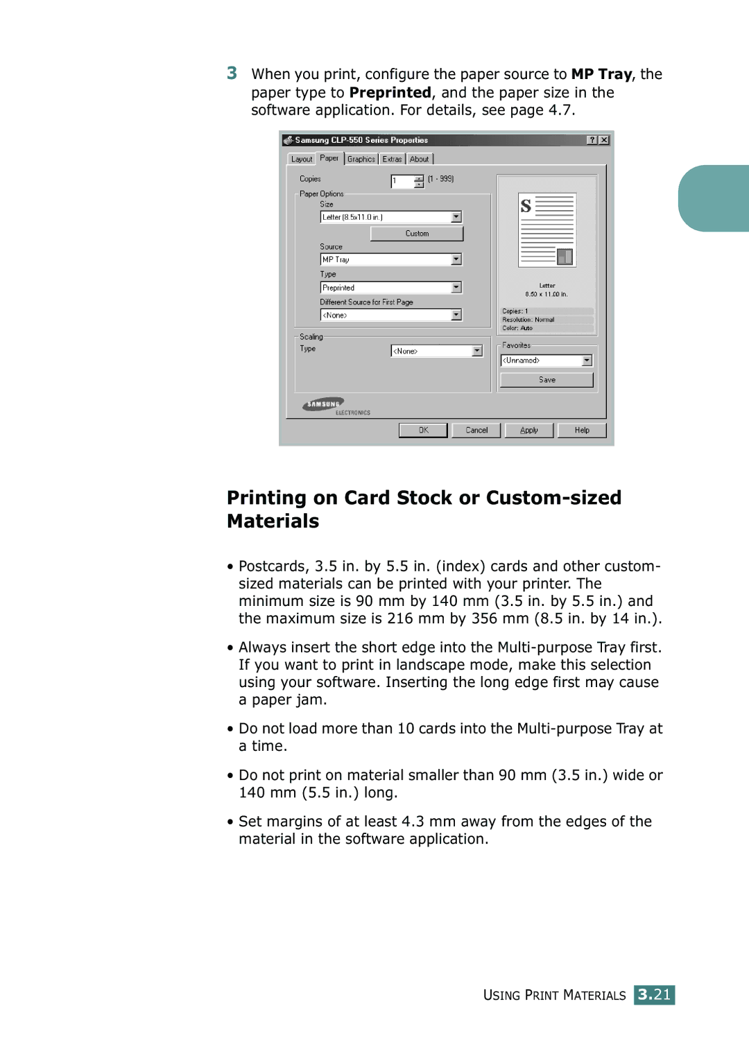 Samsung CLP-550N setup guide Printing on Card Stock or Custom-sized Materials 