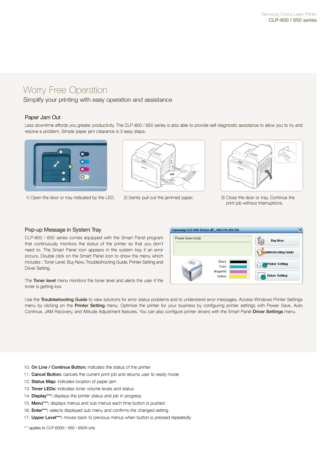 Samsung CLP-650N, CLP-600N Worry Free Operation, Simplify your printing with easy operation and assistance 