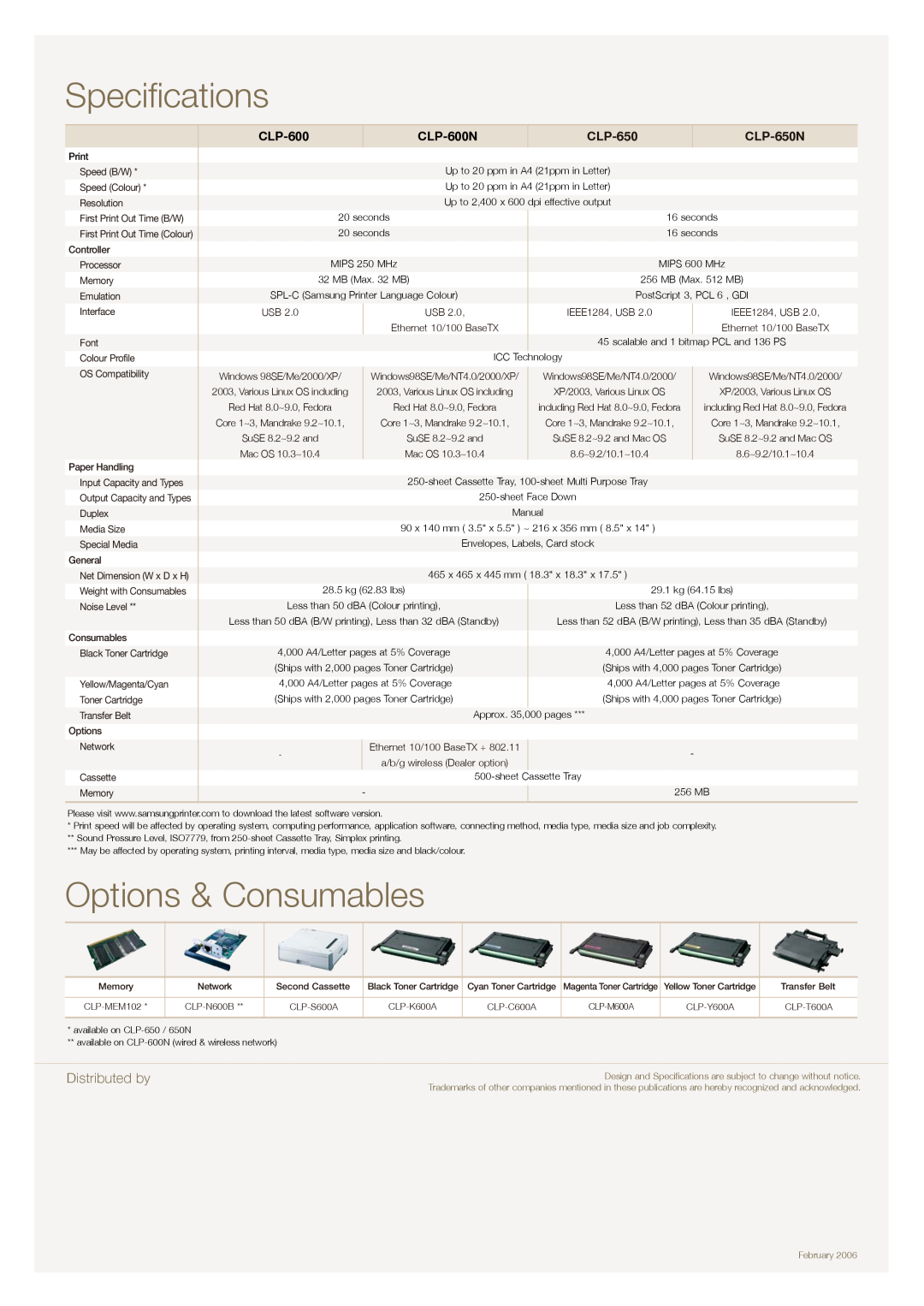 Samsung specifications Specifications, Options & Consumables, Distributed by, CLP-600N, CLP-650N 