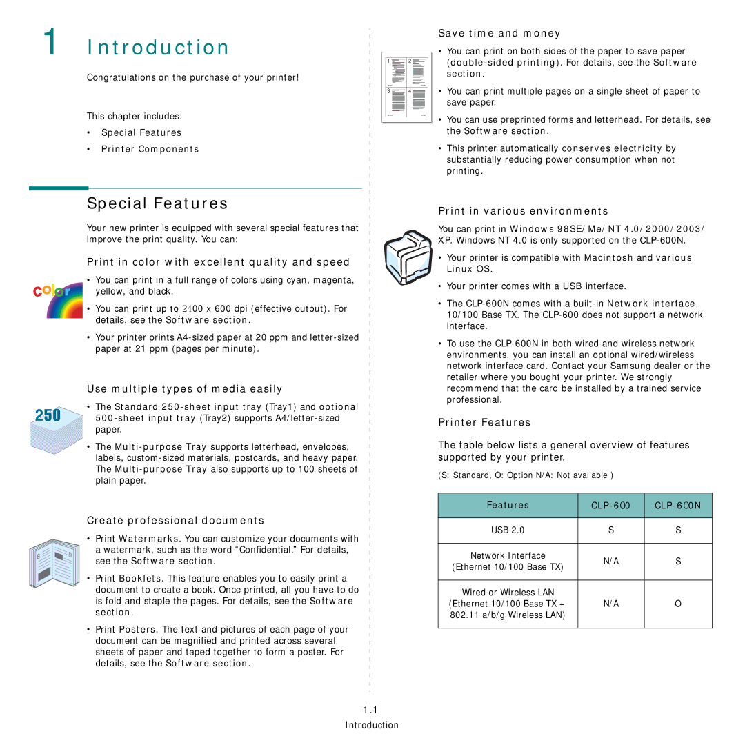 Samsung CLP-600 manual Introduction, Special Features 