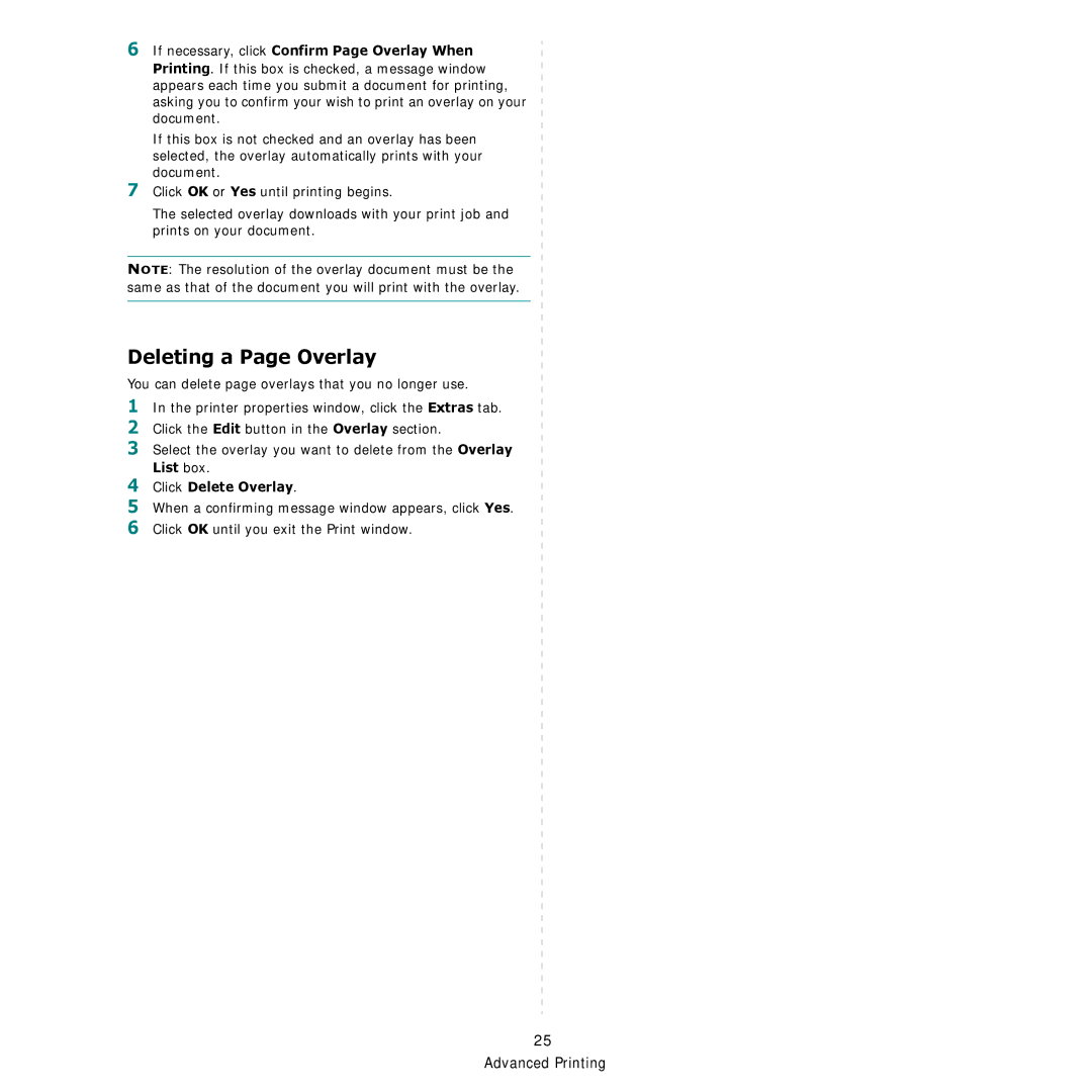 Samsung CLP-600 Deleting a Page Overlay, If necessary, click Confirm Page Overlay When, List box Click Delete Overlay 