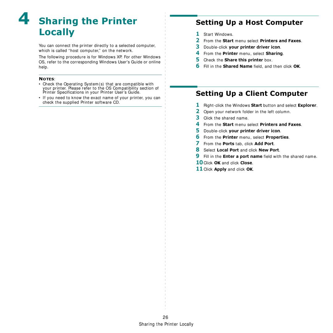 Samsung CLP-600 manual Sharing the Printer Locally, Setting Up a Host Computer, Setting Up a Client Computer 