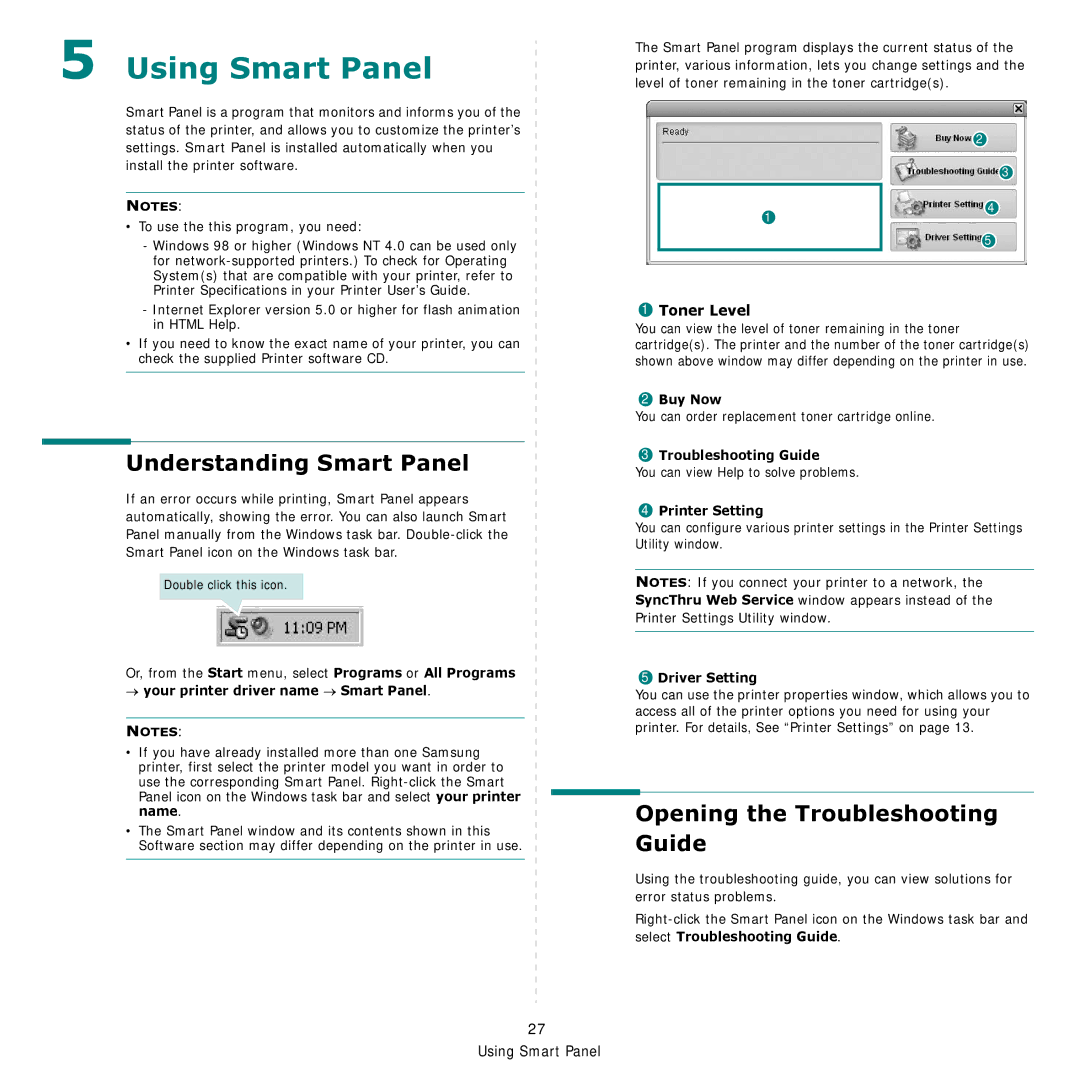 Samsung CLP-600 manual Using Smart Panel, Understanding Smart Panel, Opening the Troubleshooting Guide, Toner Level 