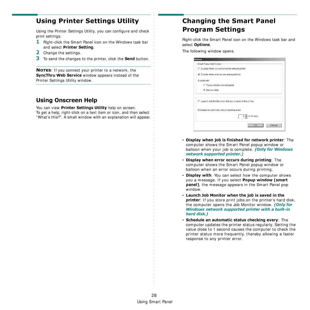 Samsung CLP-600 manual Using Printer Settings Utility, Changing the Smart Panel Program Settings, Using Onscreen Help 