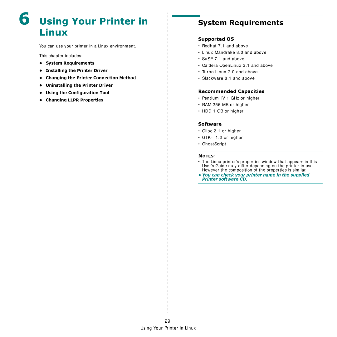 Samsung CLP-600 manual Using Your Printer in Linux, System Requirements, Supported OS, Recommended Capacities, Software 