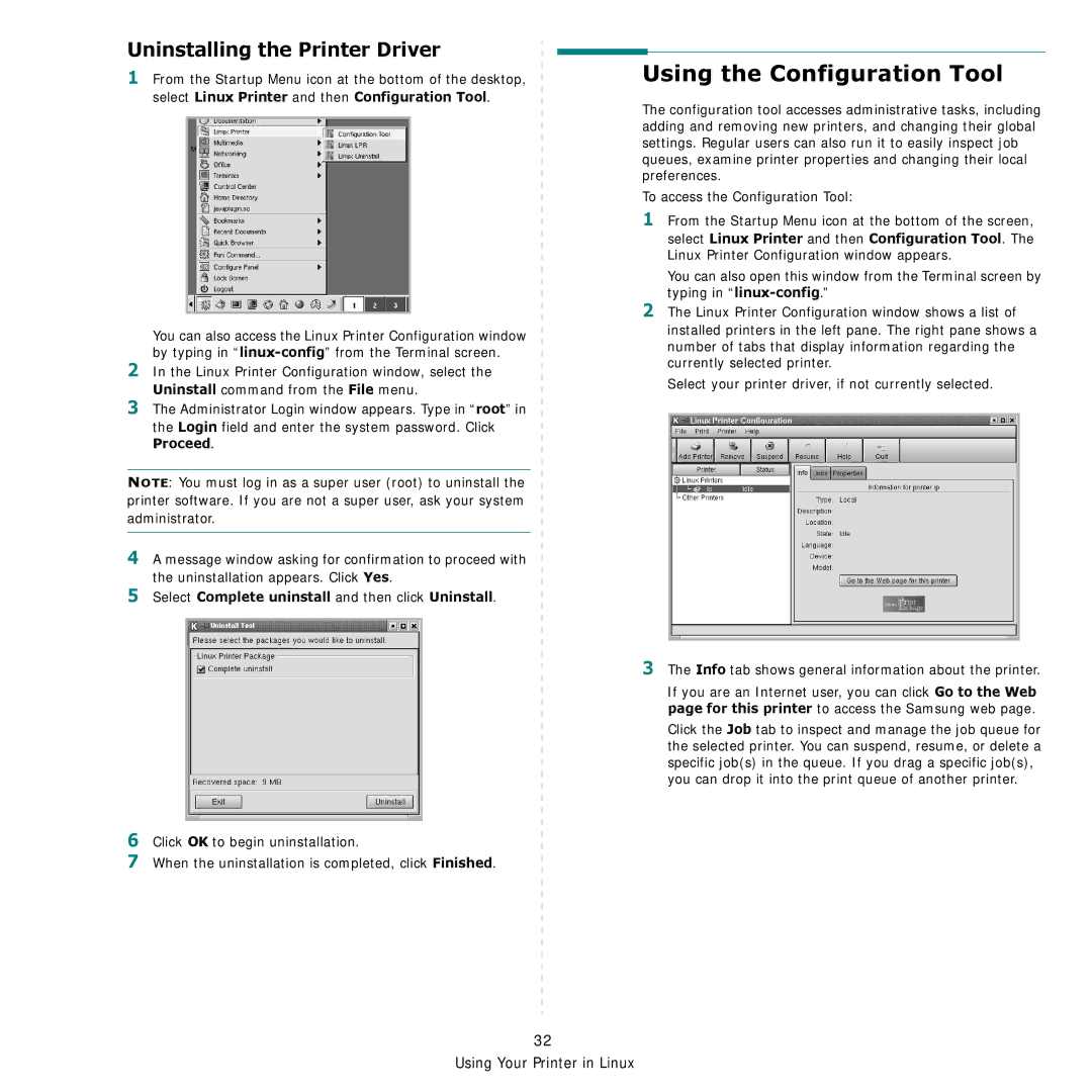 Samsung CLP-600 manual Using the Configuration Tool, Uninstalling the Printer Driver 