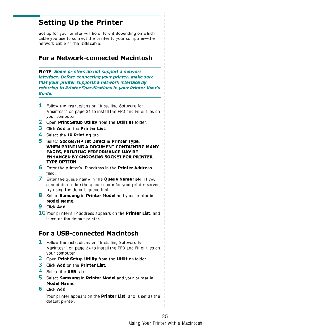 Samsung CLP-600 manual Setting Up the Printer, For a Network-connected Macintosh, For a USB-connected Macintosh, Model Name 