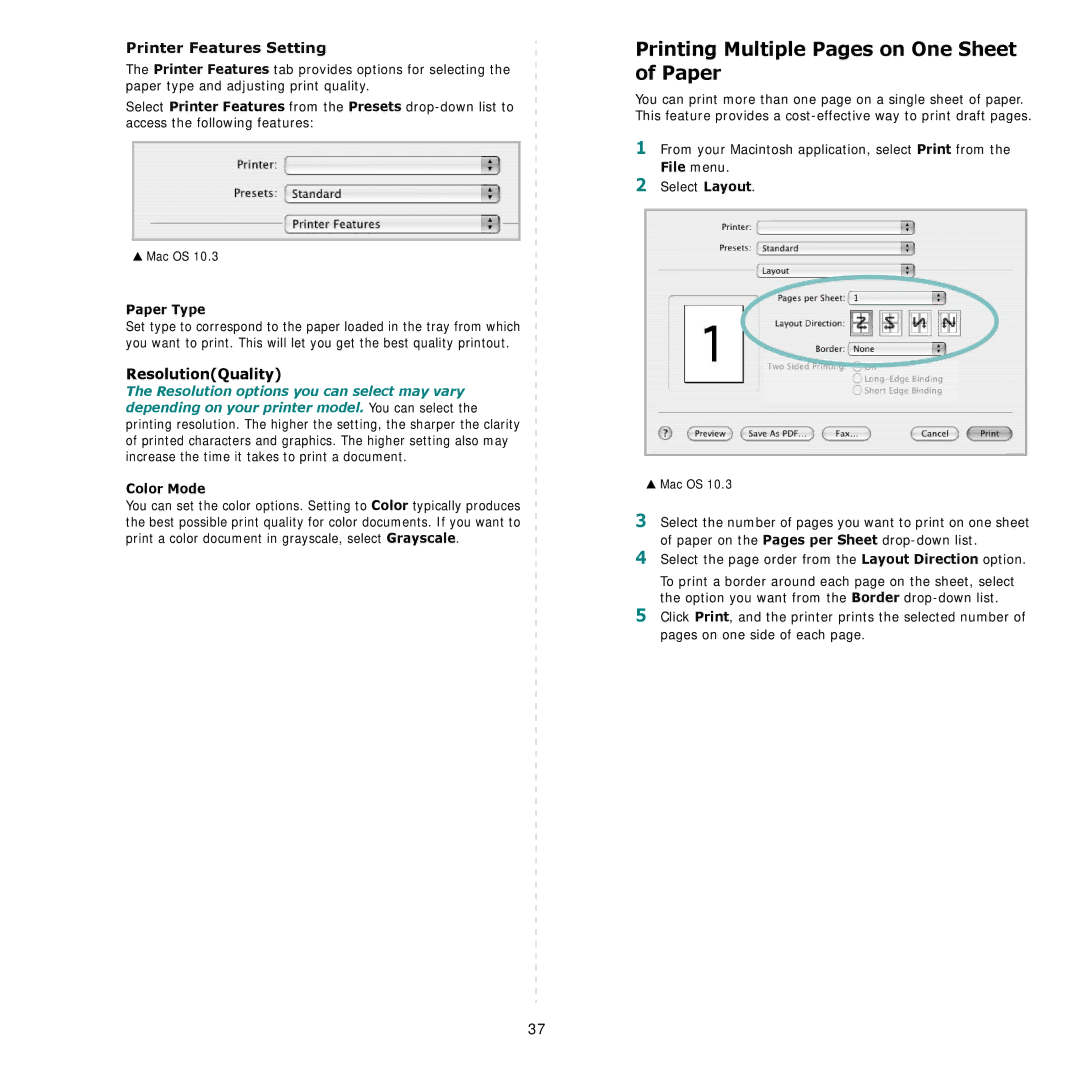 Samsung CLP-600 Printing Multiple Pages on One Sheet of Paper, Printer Features Setting, ResolutionQuality, Paper Type 