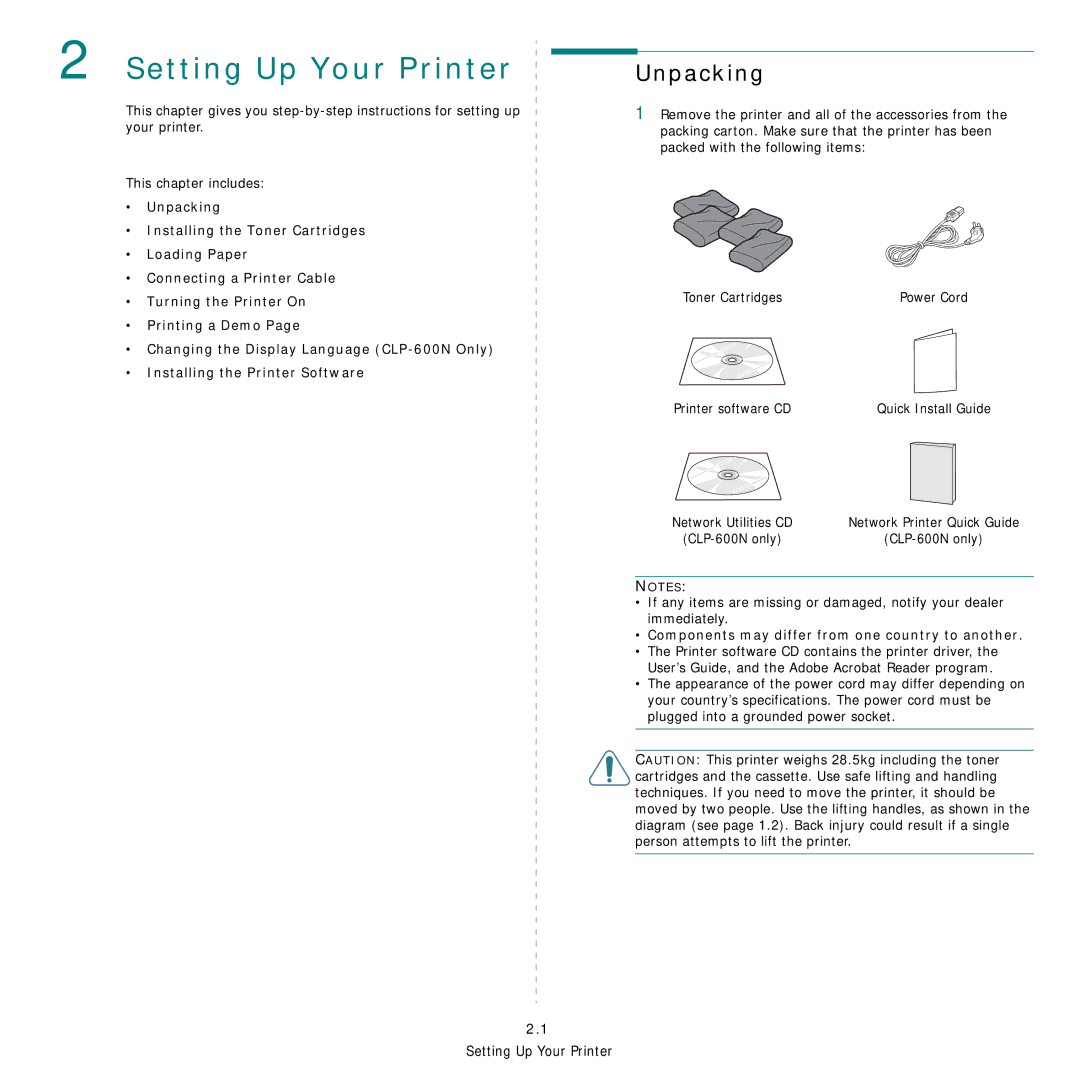 Samsung CLP-600 Setting Up Your Printer, Unpacking, Printer software CD, Components may differ from one country to another 