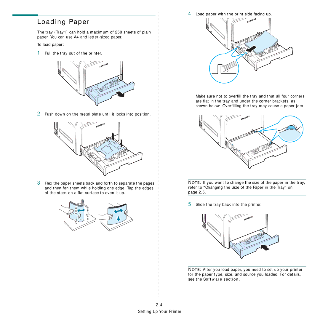 Samsung CLP-600 manual Loading Paper, Load paper with the print side facing up, Slide the tray back into the printer 