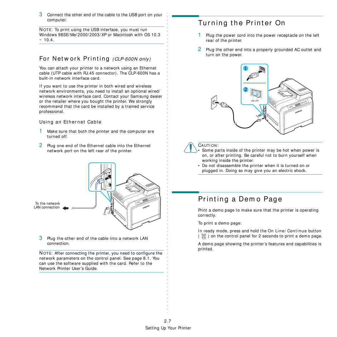 Samsung manual Turning the Printer On, Printing a Demo, For Network Printing CLP-600Nonly, Using an Ethernet Cable 