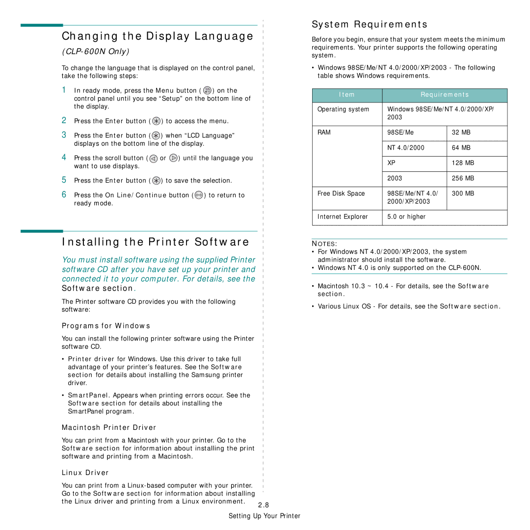 Samsung CLP-600 manual Changing the Display Language, Installing the Printer Software, System Requirements 