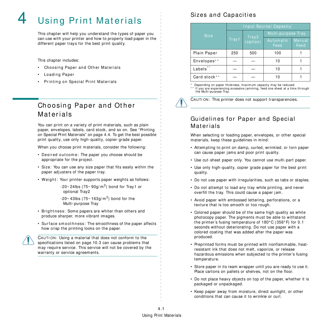 Samsung CLP-600 manual Using Print Materials, Choosing Paper and Other Materials, Sizes and Capacities 