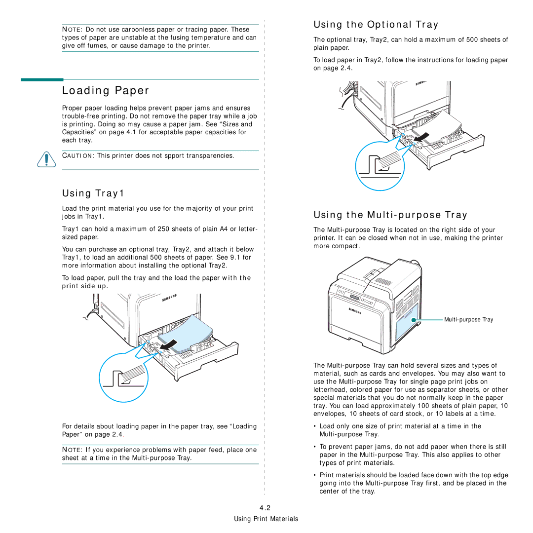 Samsung CLP-600 manual Using Tray1, Using the Optional Tray, Using the Multi-purpose Tray 