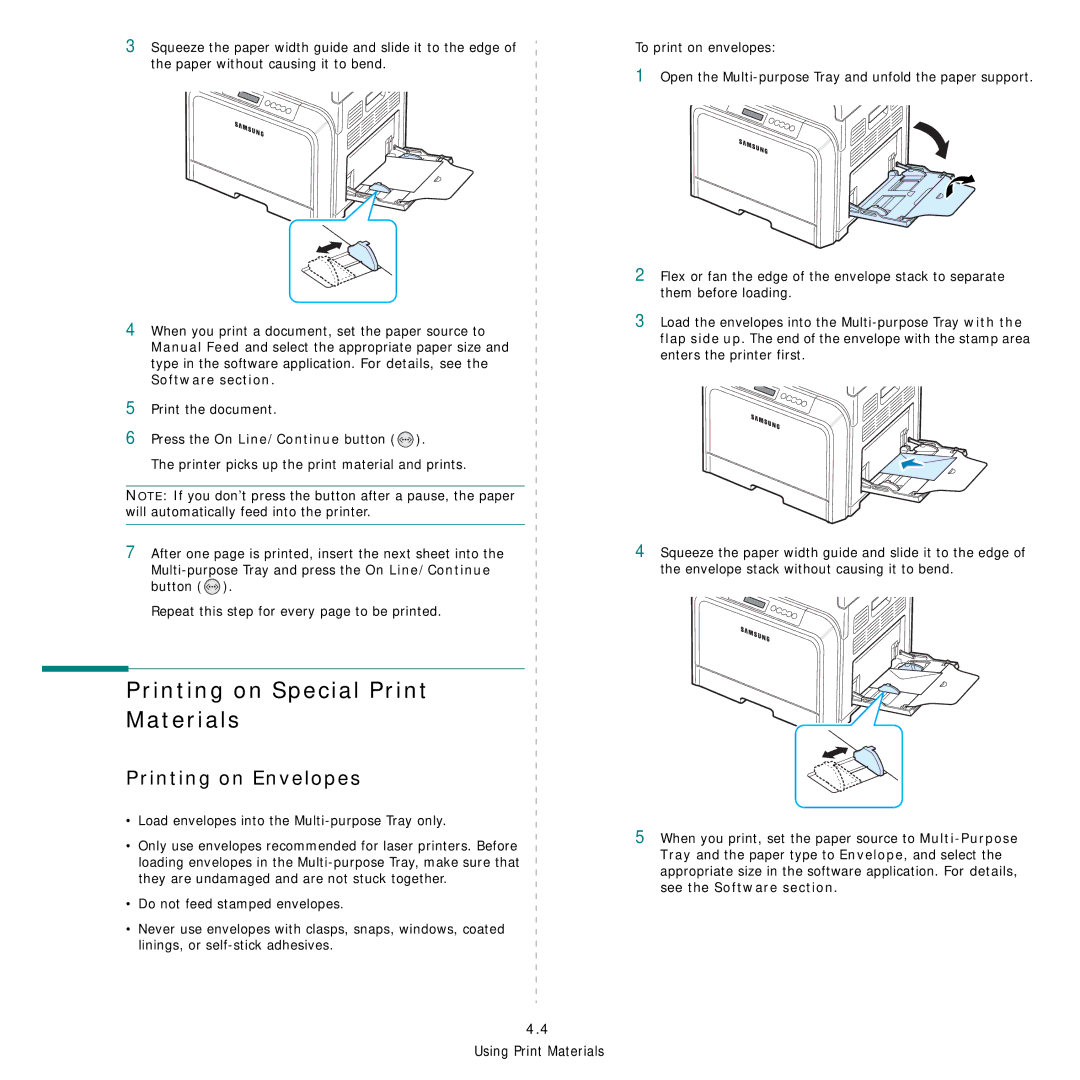 Samsung CLP-600 manual Printing on Special Print Materials, Printing on Envelopes 