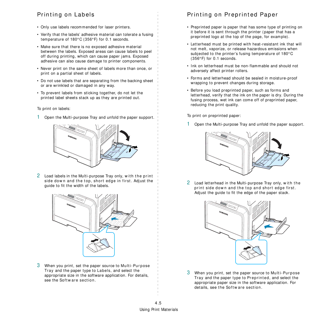 Samsung CLP-600 manual Printing on Labels, Printing on Preprinted Paper 