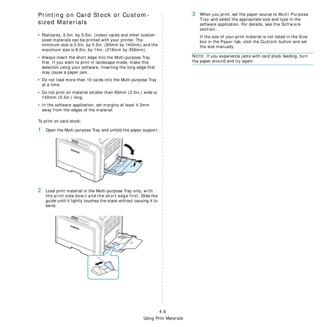 Samsung CLP-600 manual Printing on Card Stock or Custom- sized Materials 