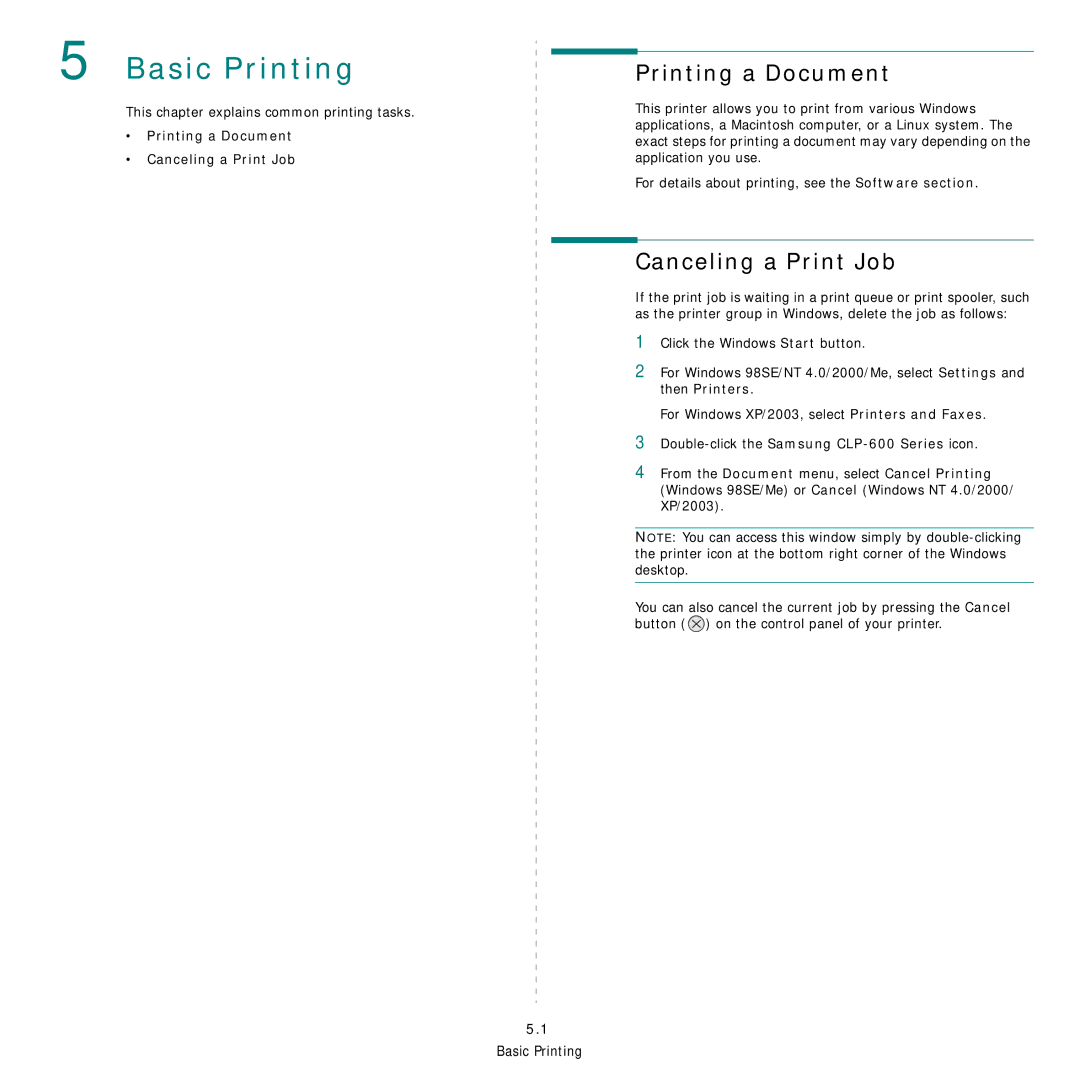 Samsung CLP-600 Basic Printing, Printing a Document, Canceling a Print Job, This chapter explains common printing tasks 