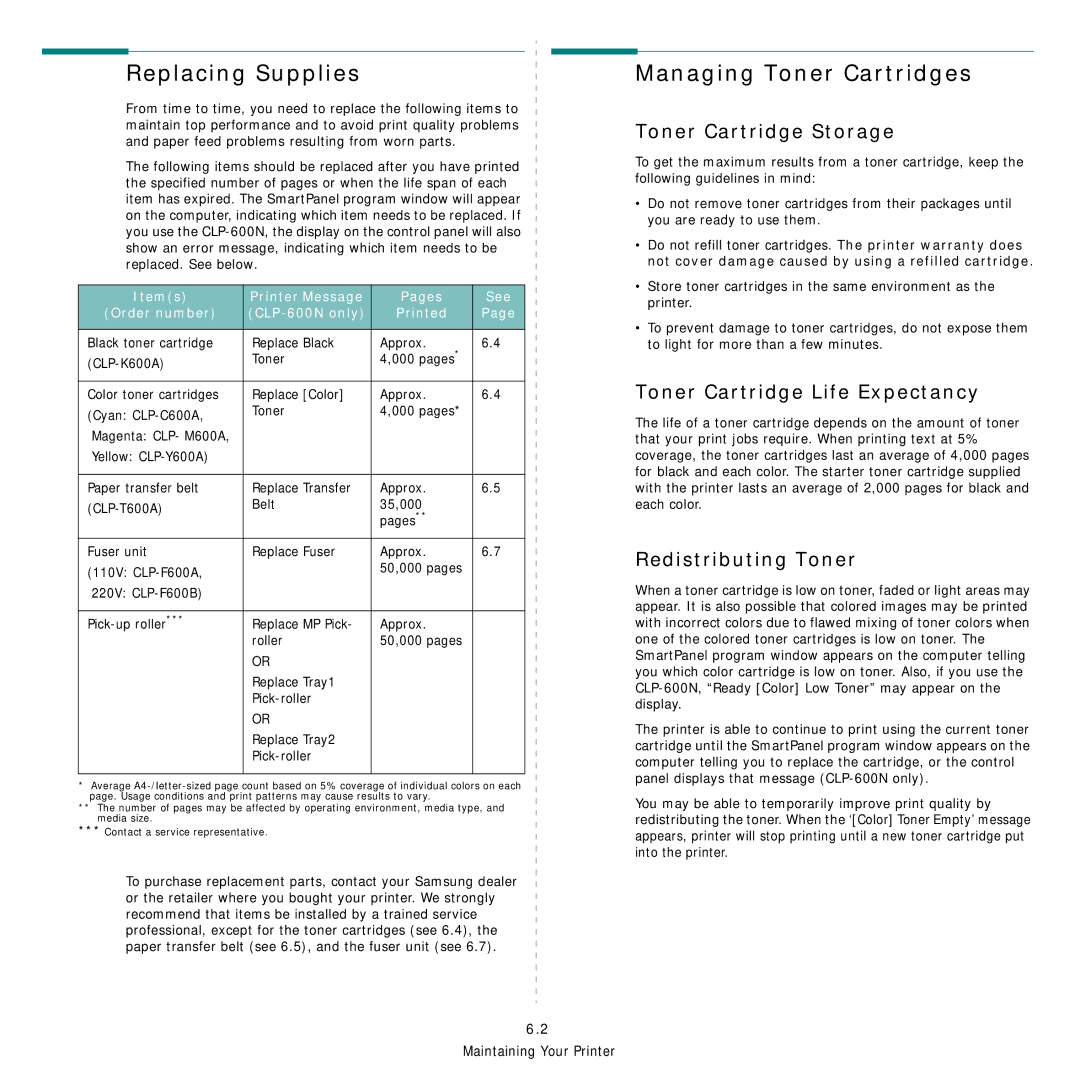 Samsung CLP-600 Replacing Supplies, Managing Toner Cartridges, Toner Cartridge Storage, Toner Cartridge Life Expectancy 