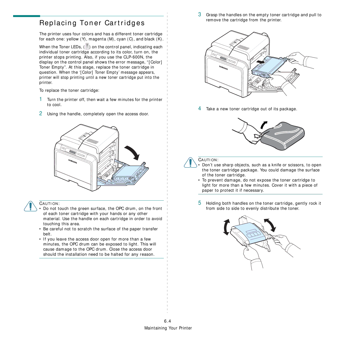 Samsung CLP-600 manual Replacing Toner Cartridges 