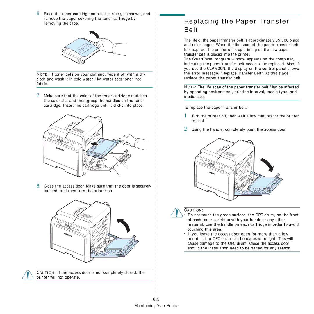 Samsung CLP-600 manual Replacing the Paper Transfer Belt 