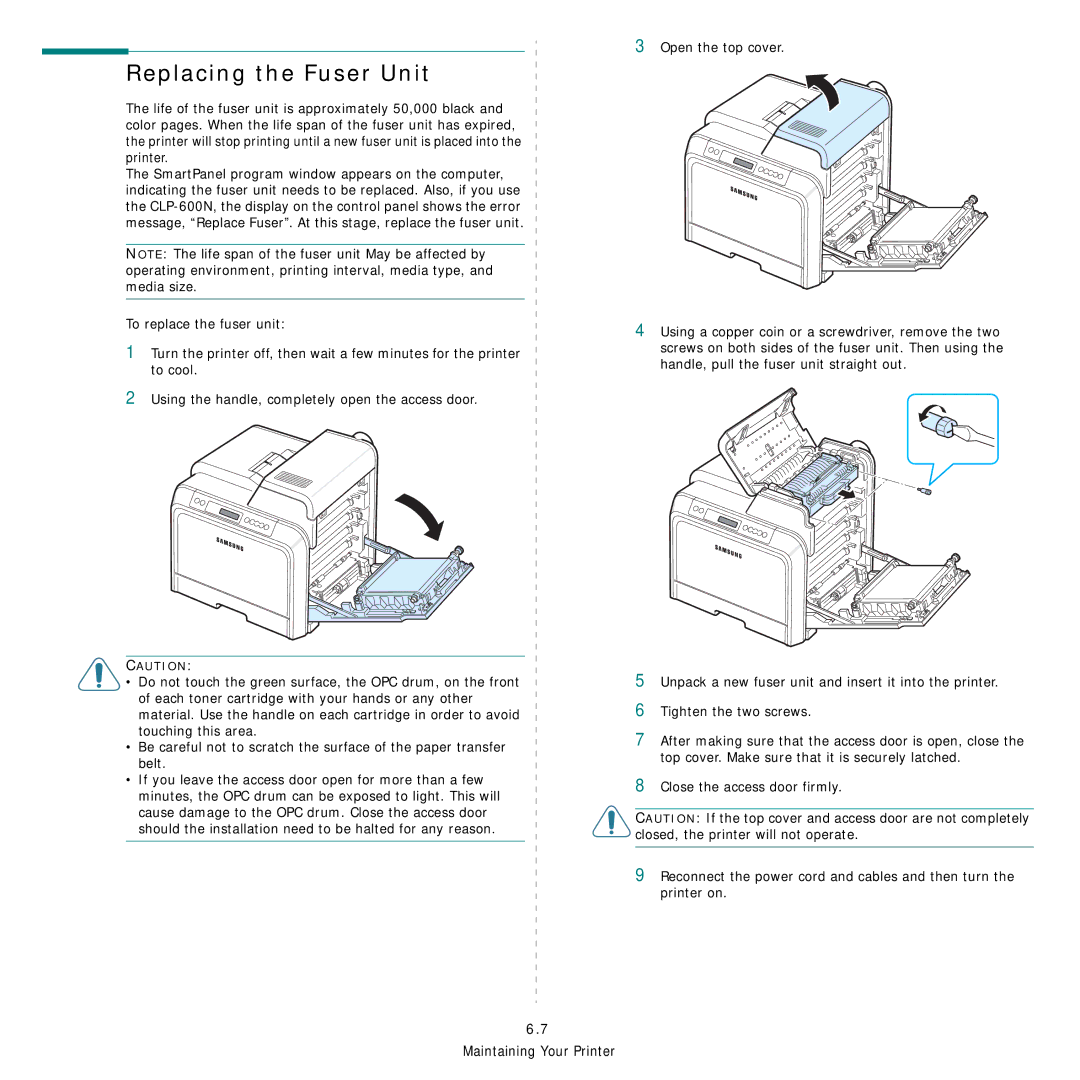 Samsung CLP-600 manual Replacing the Fuser Unit 