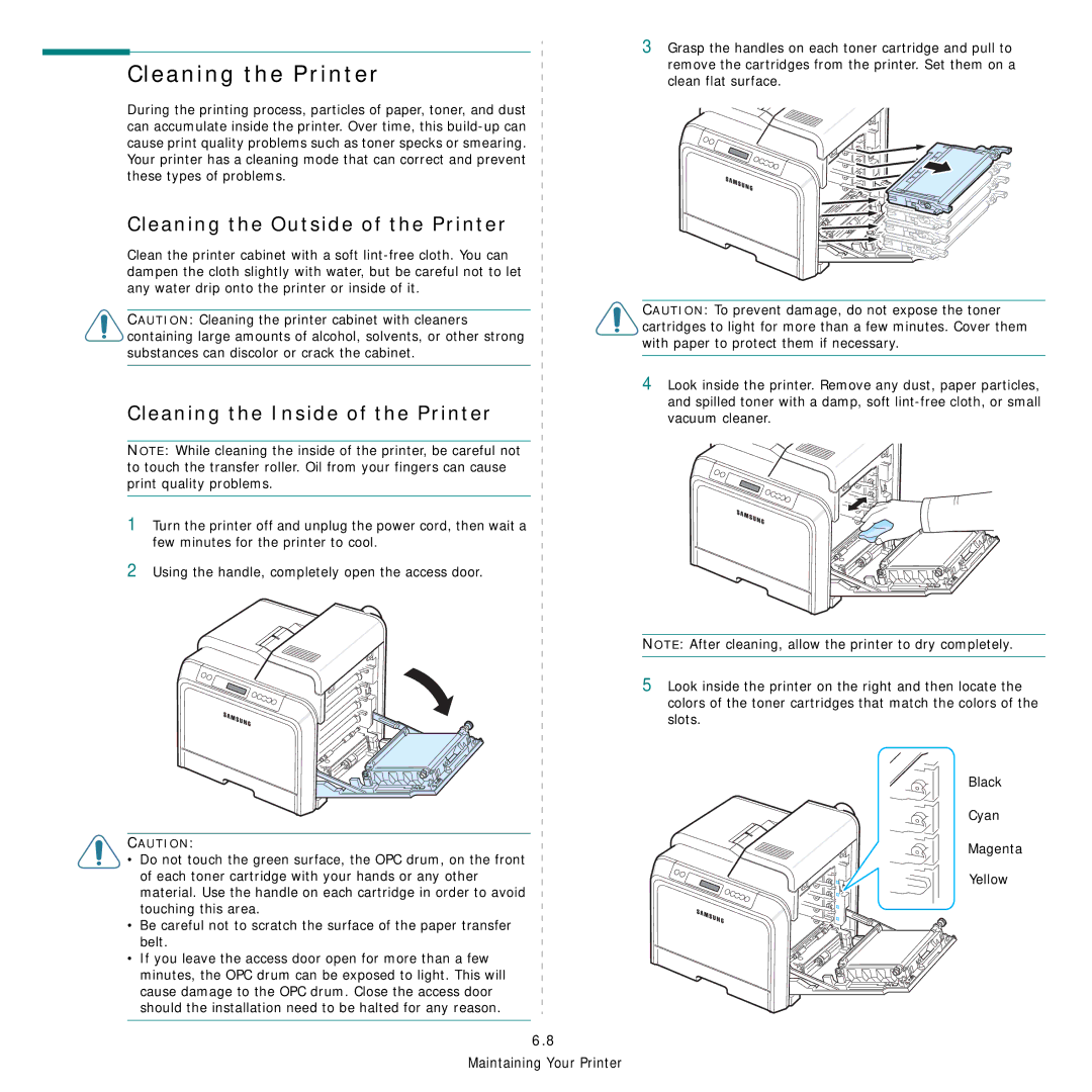 Samsung CLP-600 manual Cleaning the Printer, Cleaning the Outside of the Printer, Cleaning the Inside of the Printer 