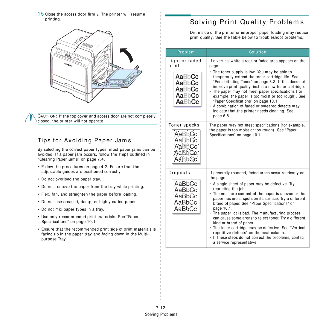 Samsung CLP-600 manual Solving Print Quality Problems, Tips for Avoiding Paper Jams, Problem Solution 