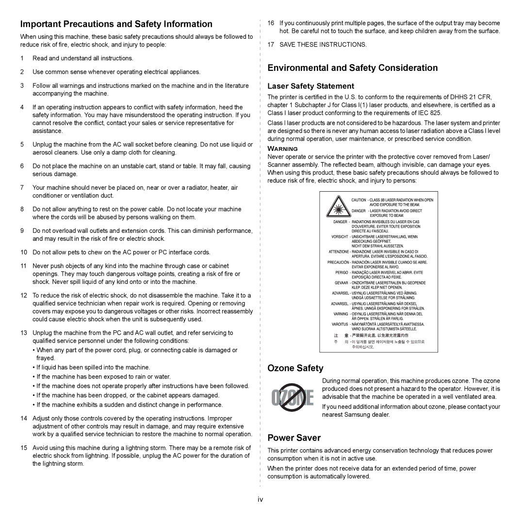 Samsung CLP-600 manual Important Precautions and Safety Information 