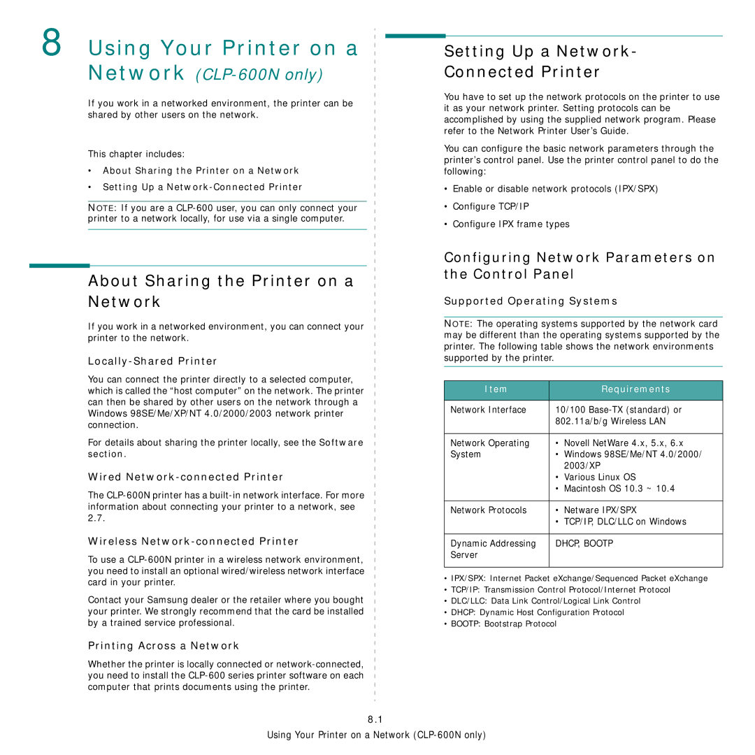 Samsung CLP-600 manual Using Your Printer on a Network, Setting Up a Network Connected Printer 