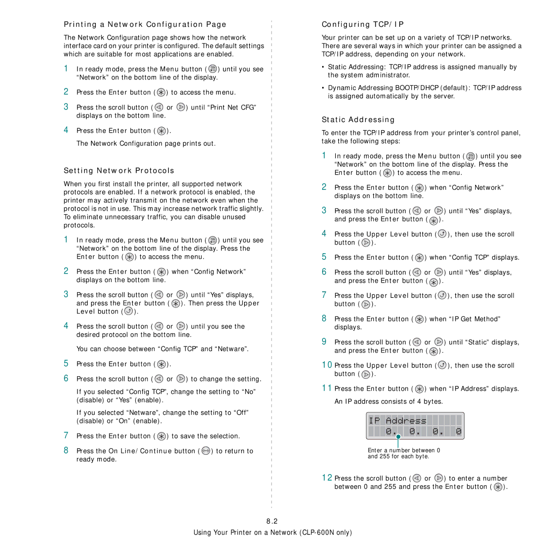 Samsung CLP-600 manual Printing a Network Configuration, Setting Network Protocols, Configuring TCP/IP, Static Addressing 